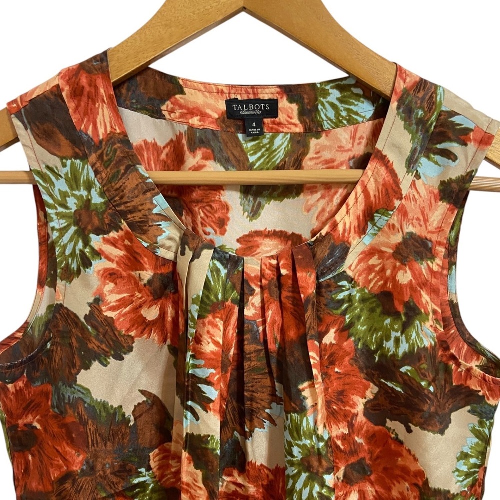 Talbots 100% Silk Floral Sleeveless Blouse Pleated Neck Romantic Boho Feminine 4 - Picture 6 of 9